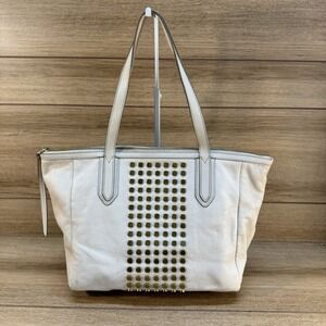 FOSSIL SYDNEY Studded Pebbled‎ Leather Shopper Tote Handbag Purse Caryall Ivory